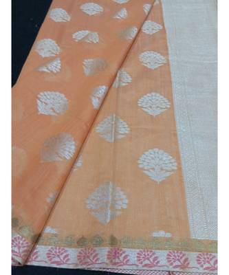Peach woven banarasi cotton saree with blouse 3