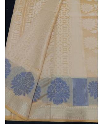 Beige woven banarasi cotton saree with blouse 3