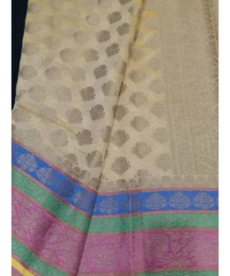 Beige woven banarasi cotton saree with blouse 3