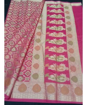 Pink woven banarasi cotton saree with blouse 1
