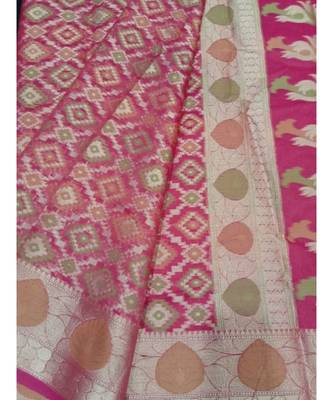 Pink woven banarasi cotton saree with blouse 3