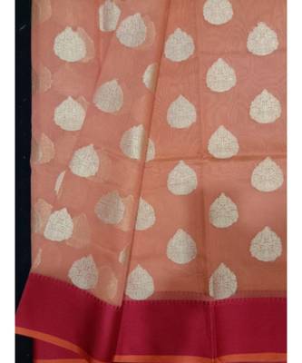 Peach woven banarasi cotton saree with blouse 3