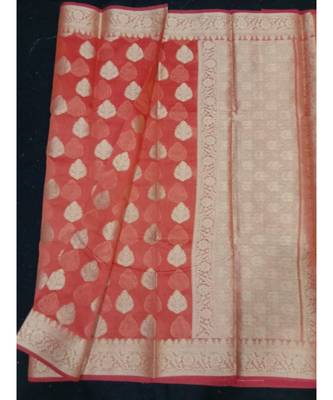 Red woven banarasi cotton saree with blouse 1