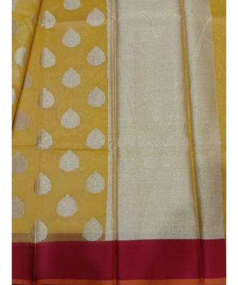 Yellow woven banarasi cotton saree with blouse 1