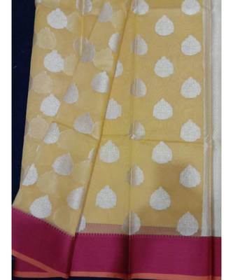 Yellow woven banarasi cotton saree with blouse 2