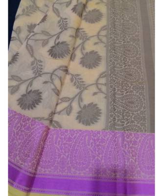 Beige woven banarasi cotton saree with blouse 3