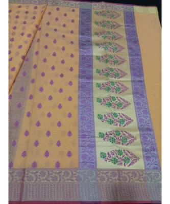 Yellow woven banarasi cotton saree with blouse 1