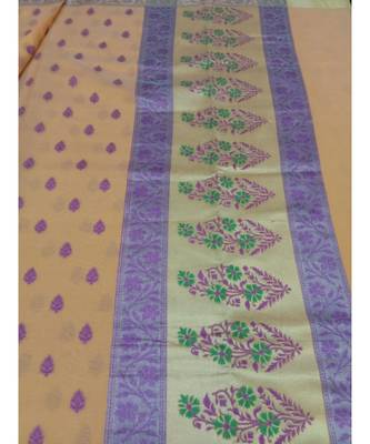 Yellow woven banarasi cotton saree with blouse 2