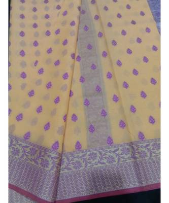 Yellow woven banarasi cotton saree with blouse 3