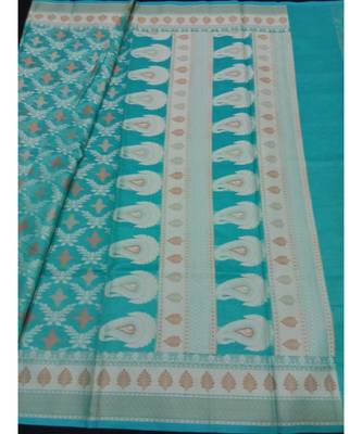 green woven banarasi cotton saree with blouse 1