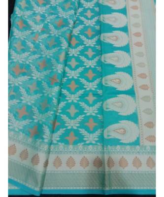 green woven banarasi cotton saree with blouse 3