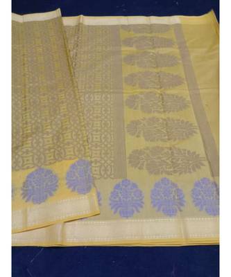 Yellow woven banarasi cotton saree with blouse 1