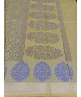 Yellow woven banarasi cotton saree with blouse 2
