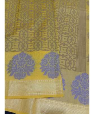 Yellow woven banarasi cotton saree with blouse 3