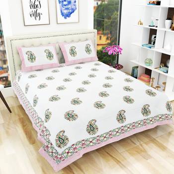 Traditional Rajasthani Hand Print King Size 300TC Bedsheet with 2 Pillow Covers (100% Cotton) 1