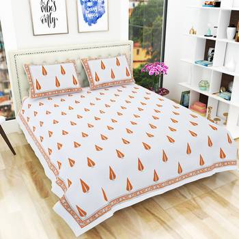 Premium Hand Block Printed Rajasthani Traditional Double Bedsheet with 2 Pillow Covers 1