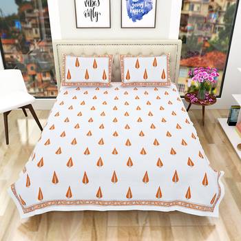 Premium Hand Block Printed Rajasthani Traditional Double Bedsheet with 2 Pillow Covers 2