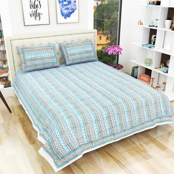 Premium Hand Block Printed Rajasthani Traditional Double Bedsheet with 2 Pillow Covers 1