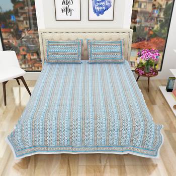 Premium Hand Block Printed Rajasthani Traditional Double Bedsheet with 2 Pillow Covers 2