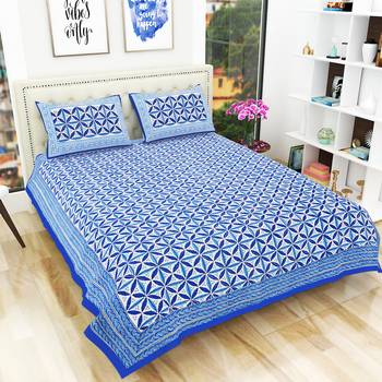 Premium Hand Block Printed Rajasthani Traditional Double Bedsheet with 2 Pillow Covers 1