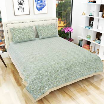 300TC Hand Printed Rajasthani King Bedhseet with 2 Pillow Covers 1