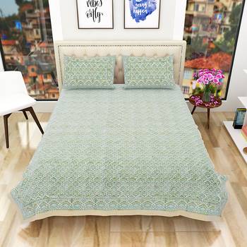 300TC Hand Printed Rajasthani King Bedhseet with 2 Pillow Covers 2