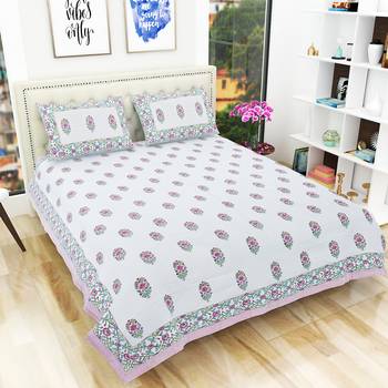 300TC Hand Printed Rajasthani King Bedhseet with 2 Pillow Covers 1