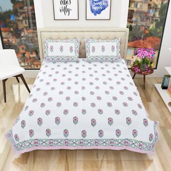 300TC Hand Printed Rajasthani King Bedhseet with 2 Pillow Covers 2