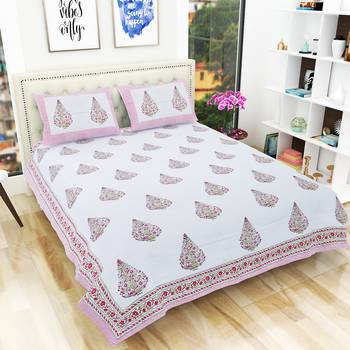300TC Hand Printed Rajasthani King Bedhseet with 2 Pillow Covers 1
