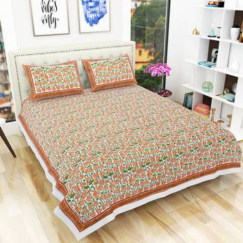 300TC Hand Printed Rajasthani King Bedhseet with 2 Pillow Covers 1