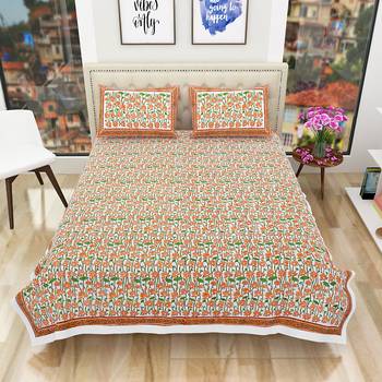300TC Hand Printed Rajasthani King Bedhseet with 2 Pillow Covers 2