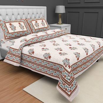 Jaipuri Hand Block Printed Traditional Cotton Double Bedsheet with 2 Pillow Covers 1