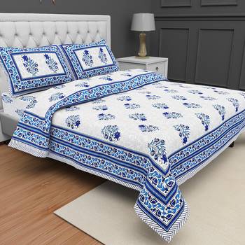 Jaipuri Hand Block Printed Traditional Cotton Double Bedsheet with 2 Pillow Covers 1
