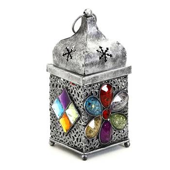 Silver Finish Gun Metal Tea Light Holder With Colored Glass Stone 1