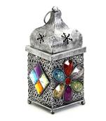 Silver Finish Gun Metal Tea Light Holder With Colored Glass Stone
