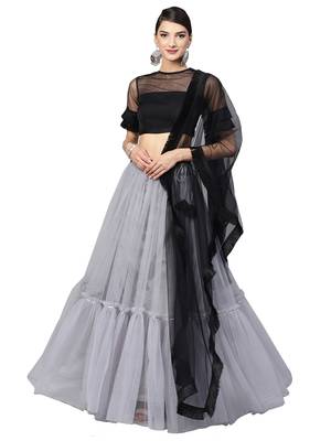 Grey Woven Net Semi Stitched Lehenga 1