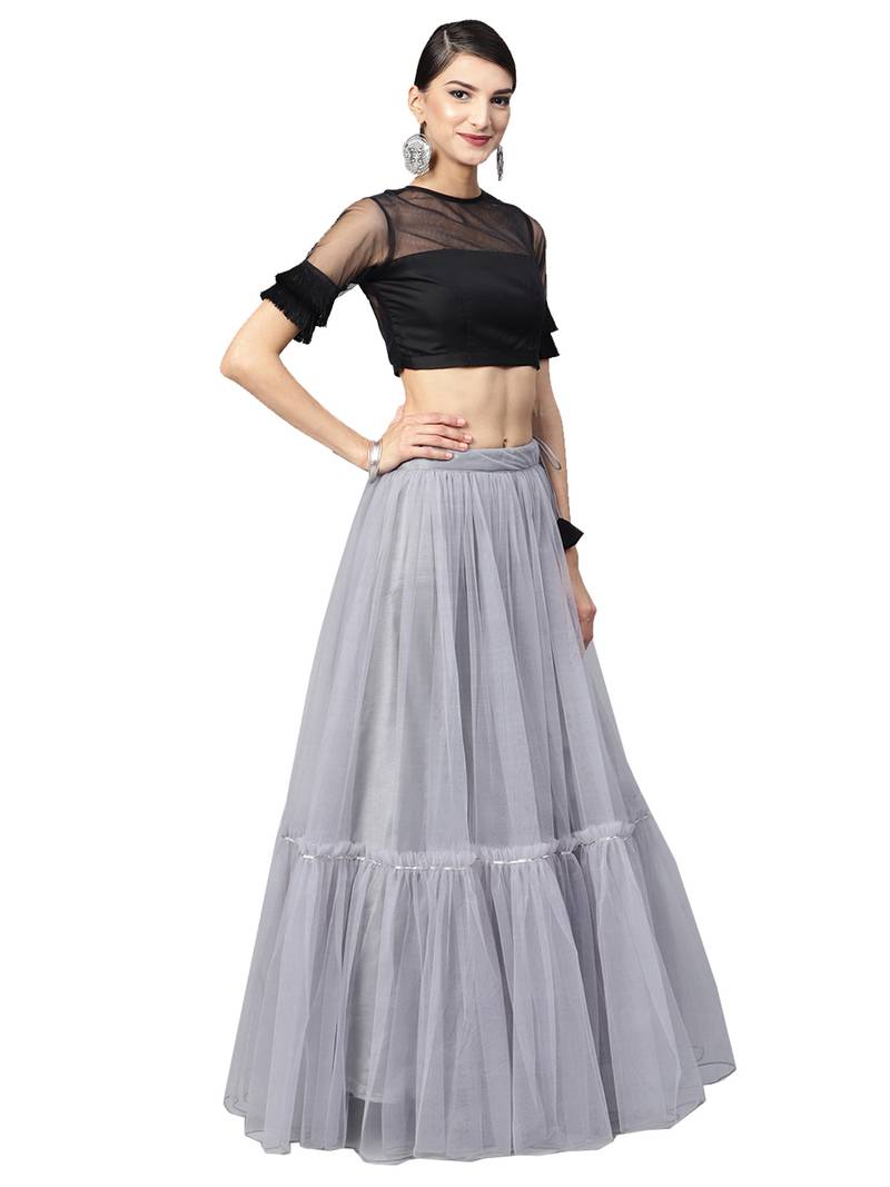 Grey Woven Net Semi Stitched Lehenga