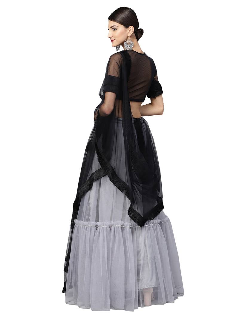 Grey Woven Net Semi Stitched Lehenga