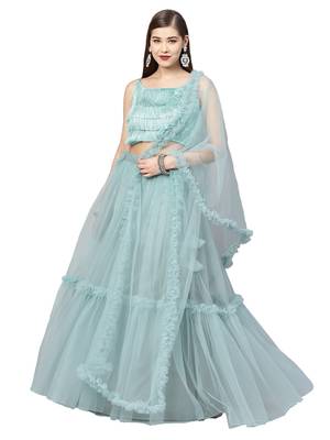 Green Woven Net Semi Stitched Lehenga 1