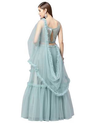 Green Woven Net Semi Stitched Lehenga 2