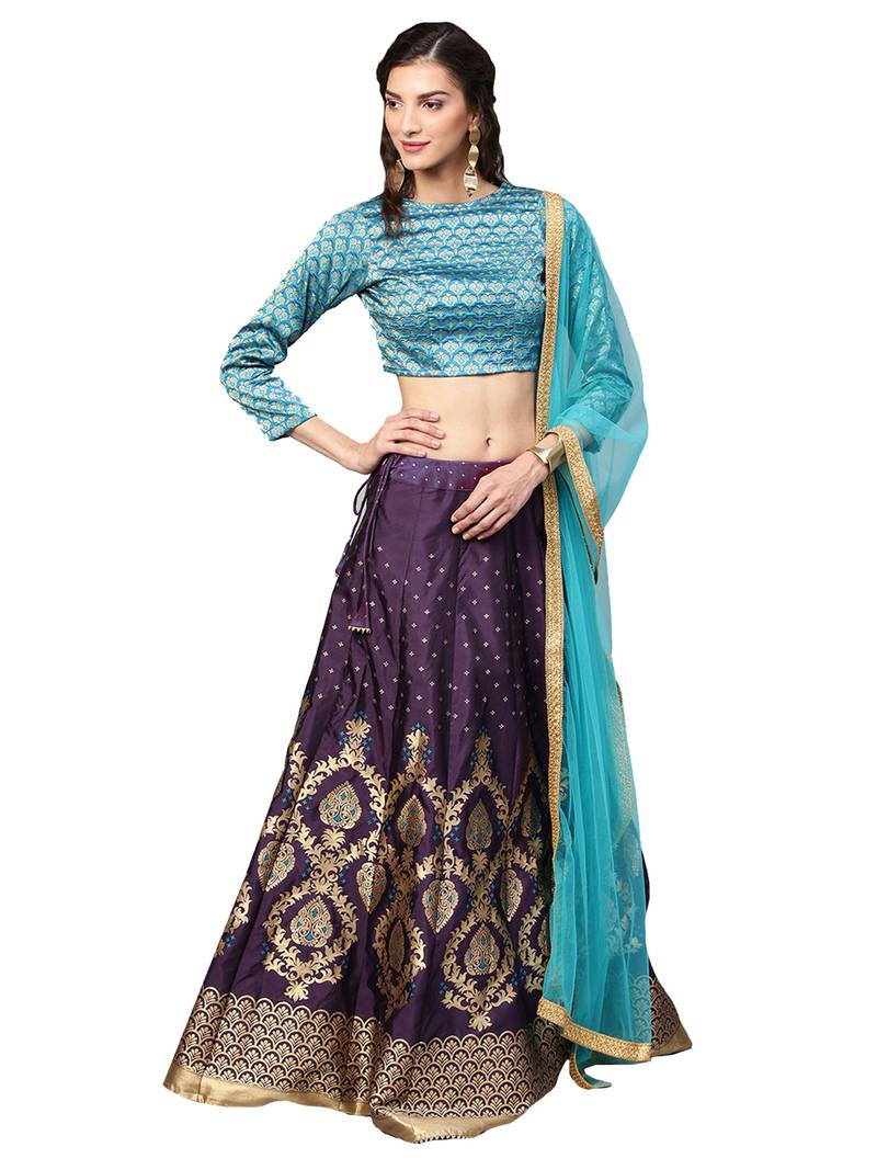 Purple Woven Silk Blend Semi Stitched Lehenga