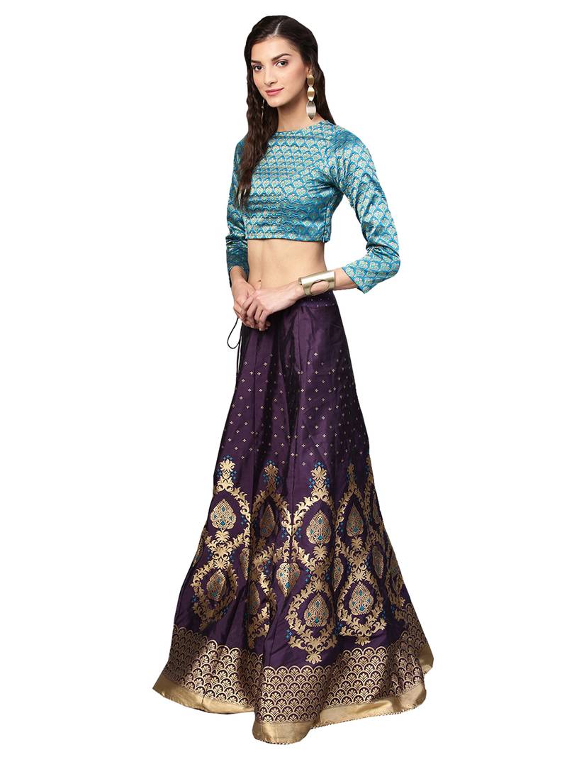 Purple Woven Silk Blend Semi Stitched Lehenga
