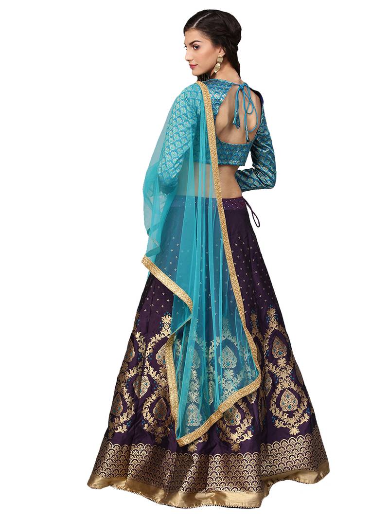 Purple Woven Silk Blend Semi Stitched Lehenga
