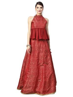 Maroon Woven Silk Blend Semi Stitched Lehenga 1