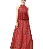 Maroon Woven Silk Blend Semi Stitched Lehenga