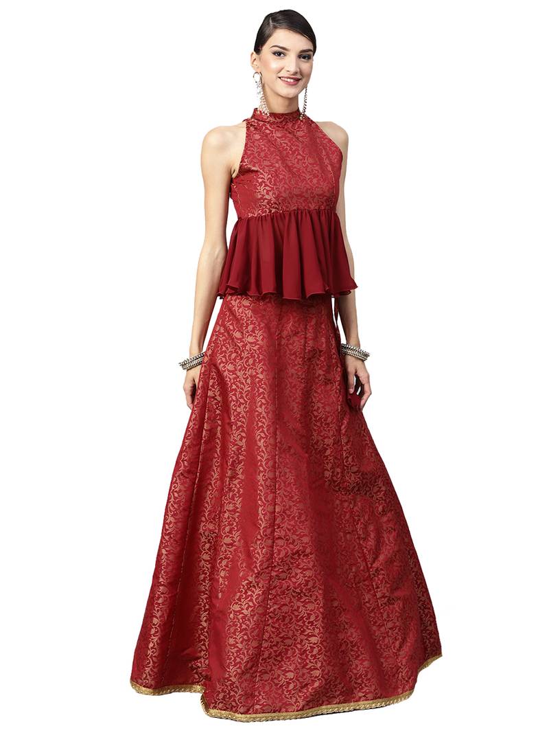 Maroon Woven Silk Blend Semi Stitched Lehenga