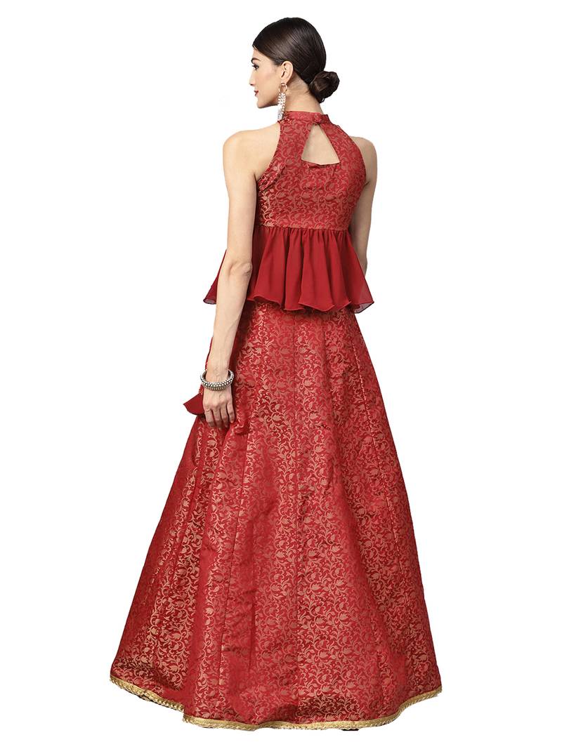 Maroon Woven Silk Blend Semi Stitched Lehenga