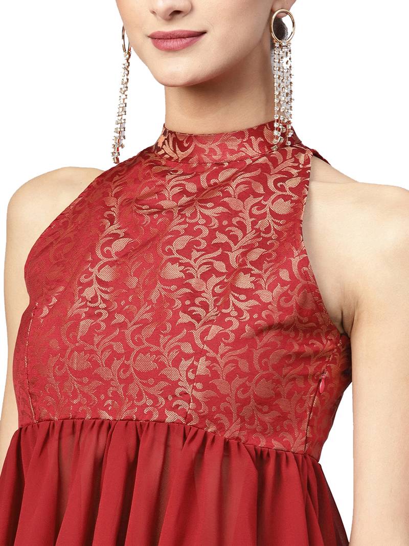 Maroon Woven Silk Blend Semi Stitched Lehenga