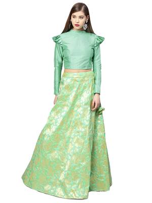 Green Woven Silk Blend Semi Stitched Lehenga 1