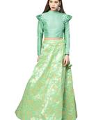 Green Woven Silk Blend Semi Stitched Lehenga